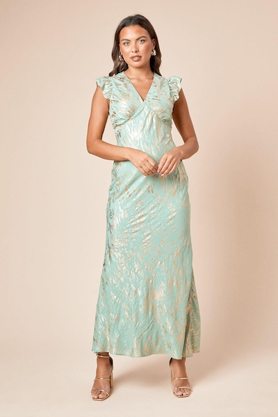 Dorothy Perkins DP Luxe Metallic Frill Shoulder Maxi Dress Green