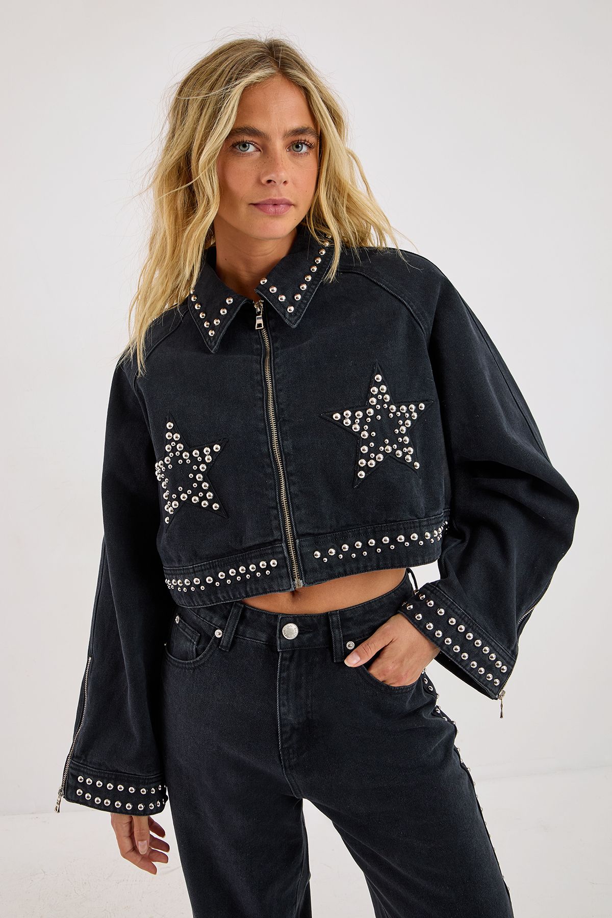NastyGal Star Studded Denim Cropped Jacket Washed Black image 1