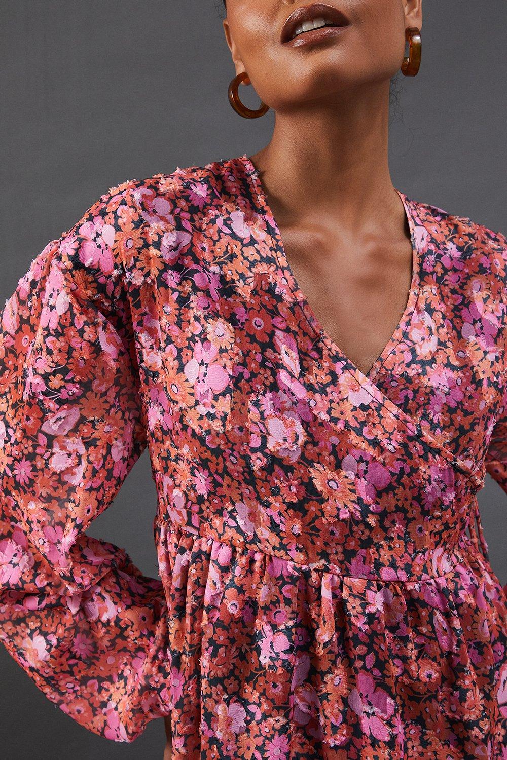 Warehouse Floral Burnout Chiffon Wrap Smock Midi Dress Pink image 2