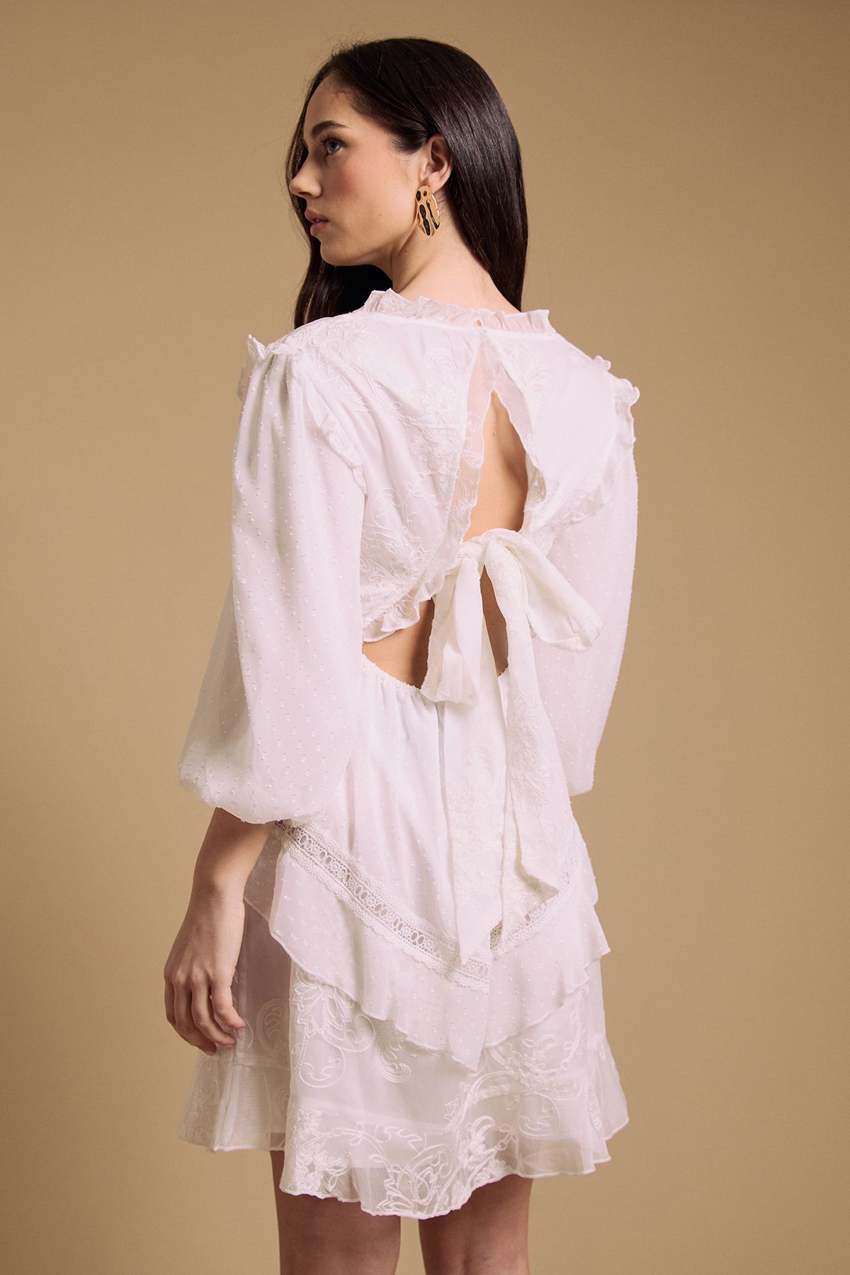 Oasis Chiffon Mix Mini Dress With Tie Back Ivory image 3