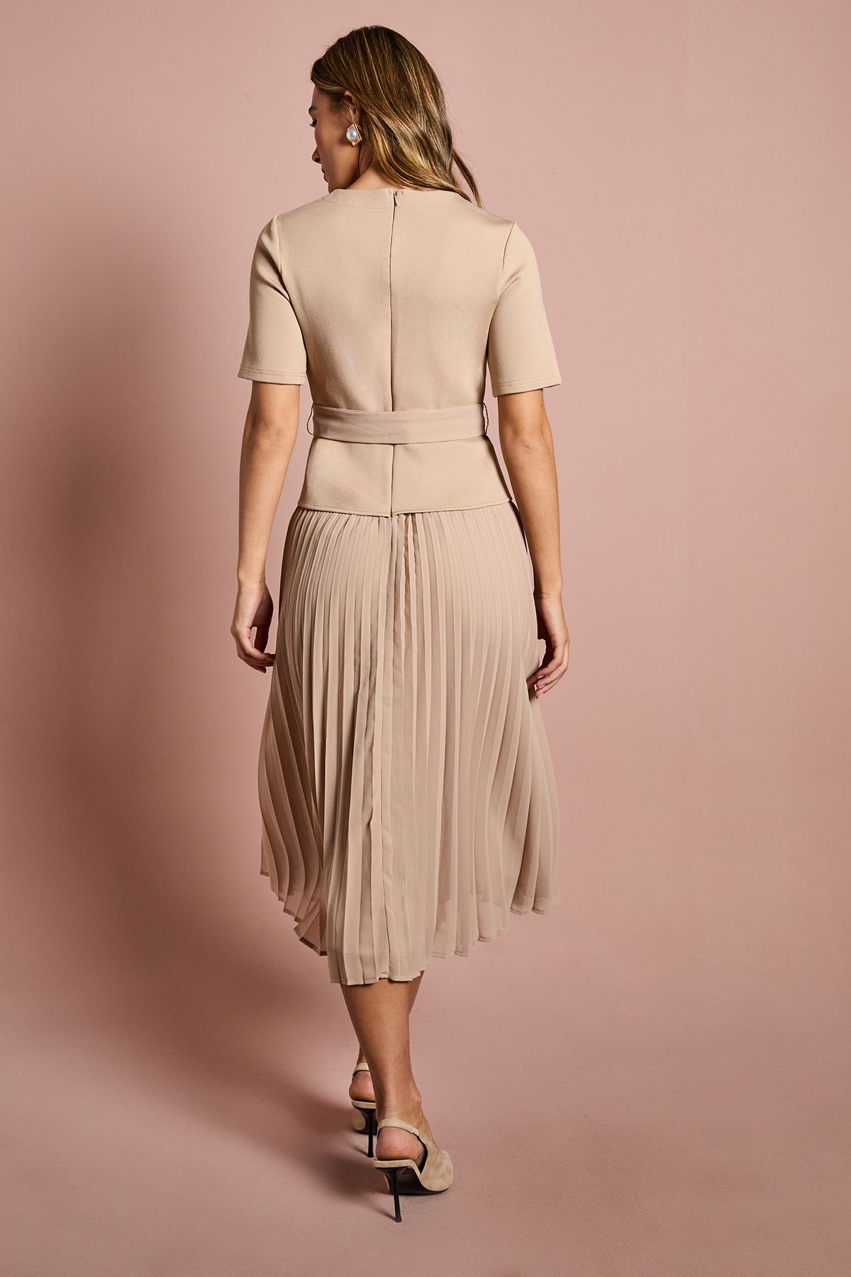 Coast Bandage Pleat Skirt Midi Dress Beige image 3