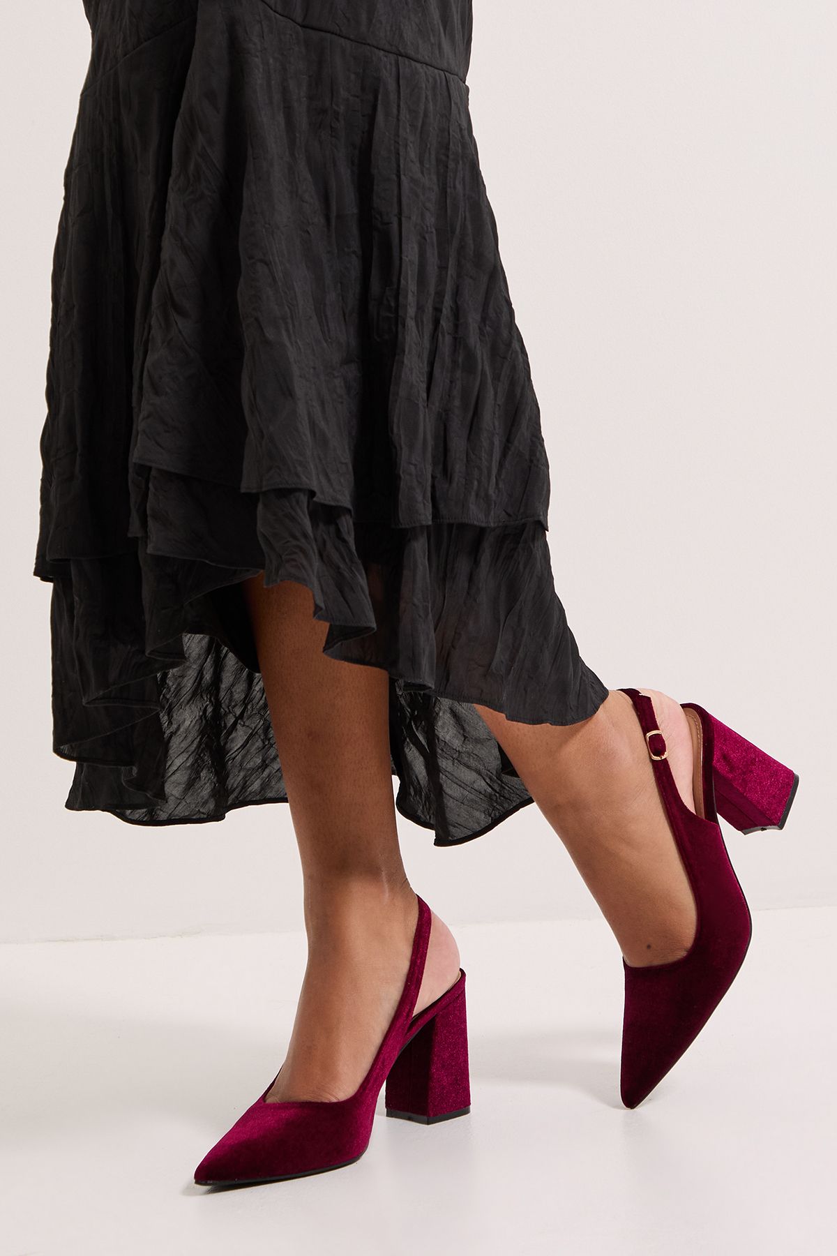 Dorothy Perkins Ellens Velvet Pointed High Block Heel Slingback Court Shoes Dark Red image 2