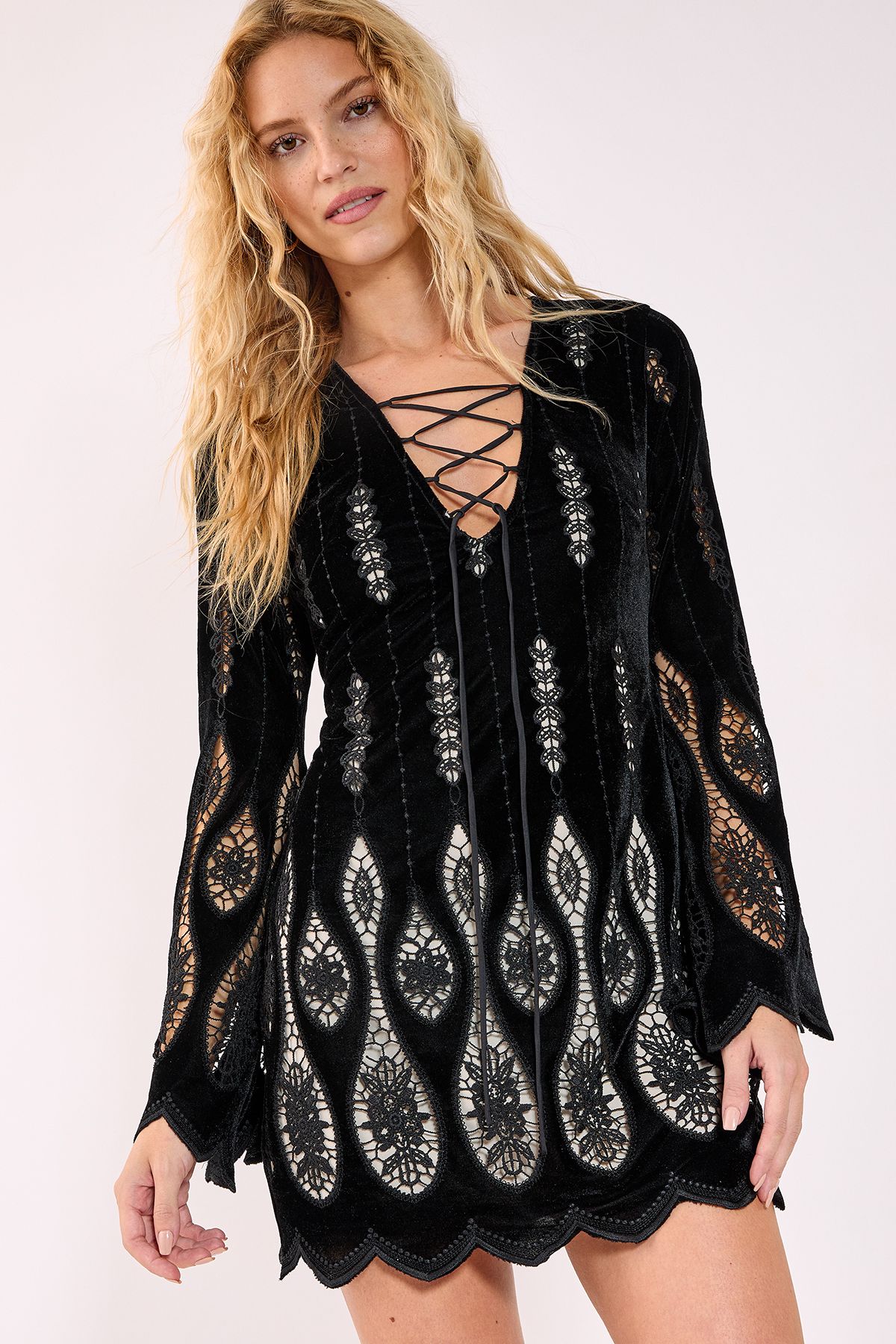 NastyGal Velvet Cutwork Lace Up Front Mini Dress Black image 5
