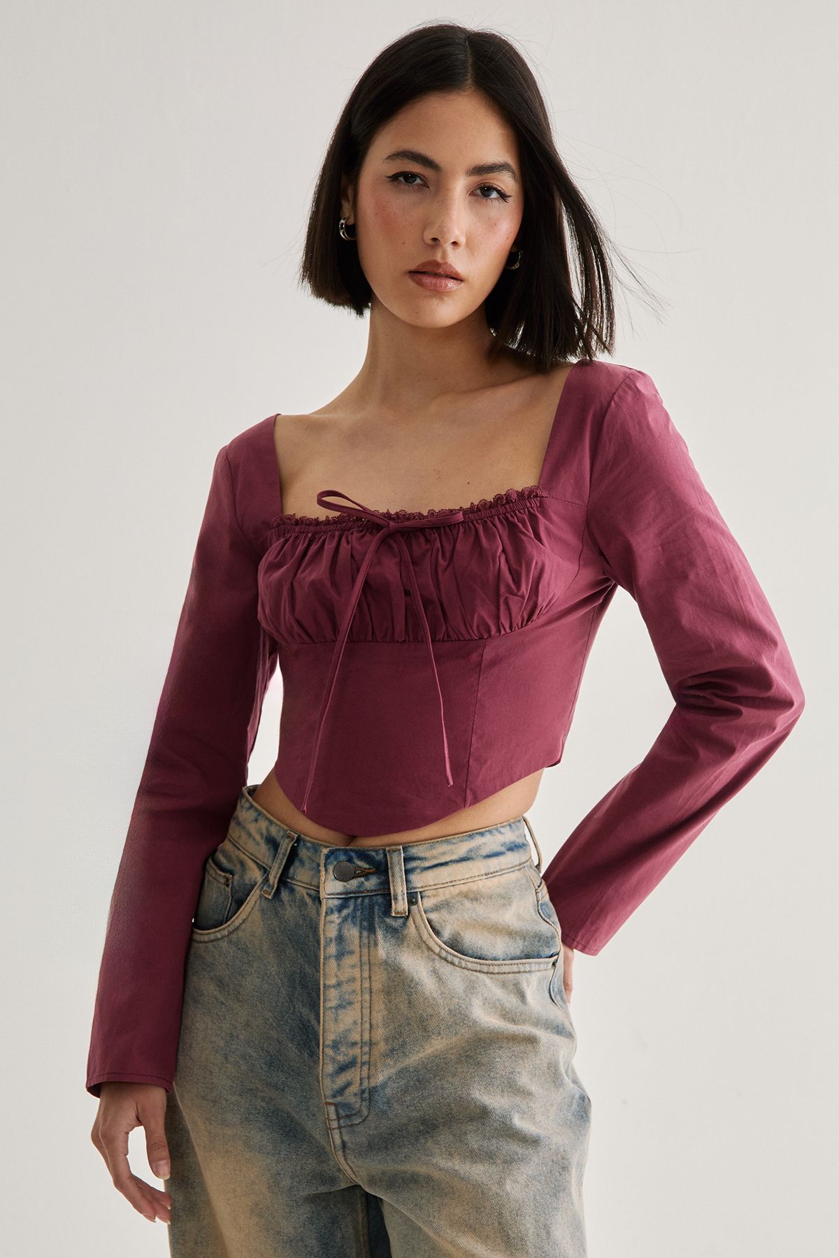 NastyGal Cotton Lace Trim Lace Up Back Long Sleeve Corset Top Wine image 3