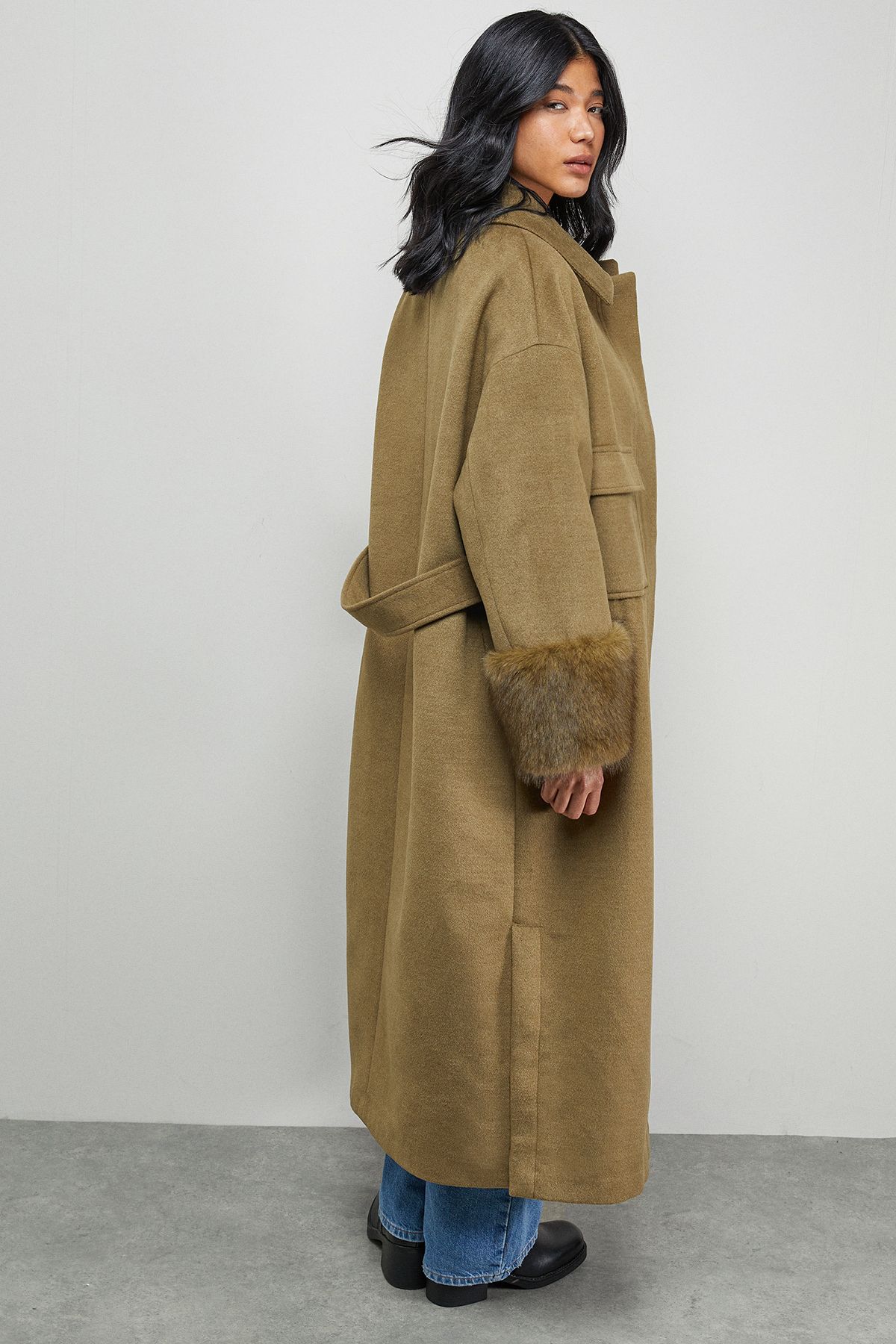Warehouse Patch Pocket Faux Fur Cuff Maxi Coat Green image 3