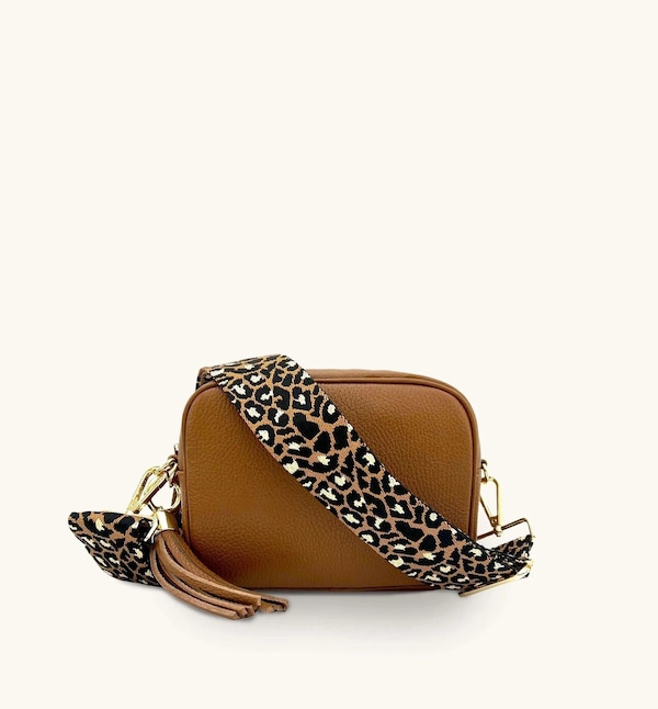 Apatchy London Tan Leather Crossbody Bag With Tan Cheetah Strap