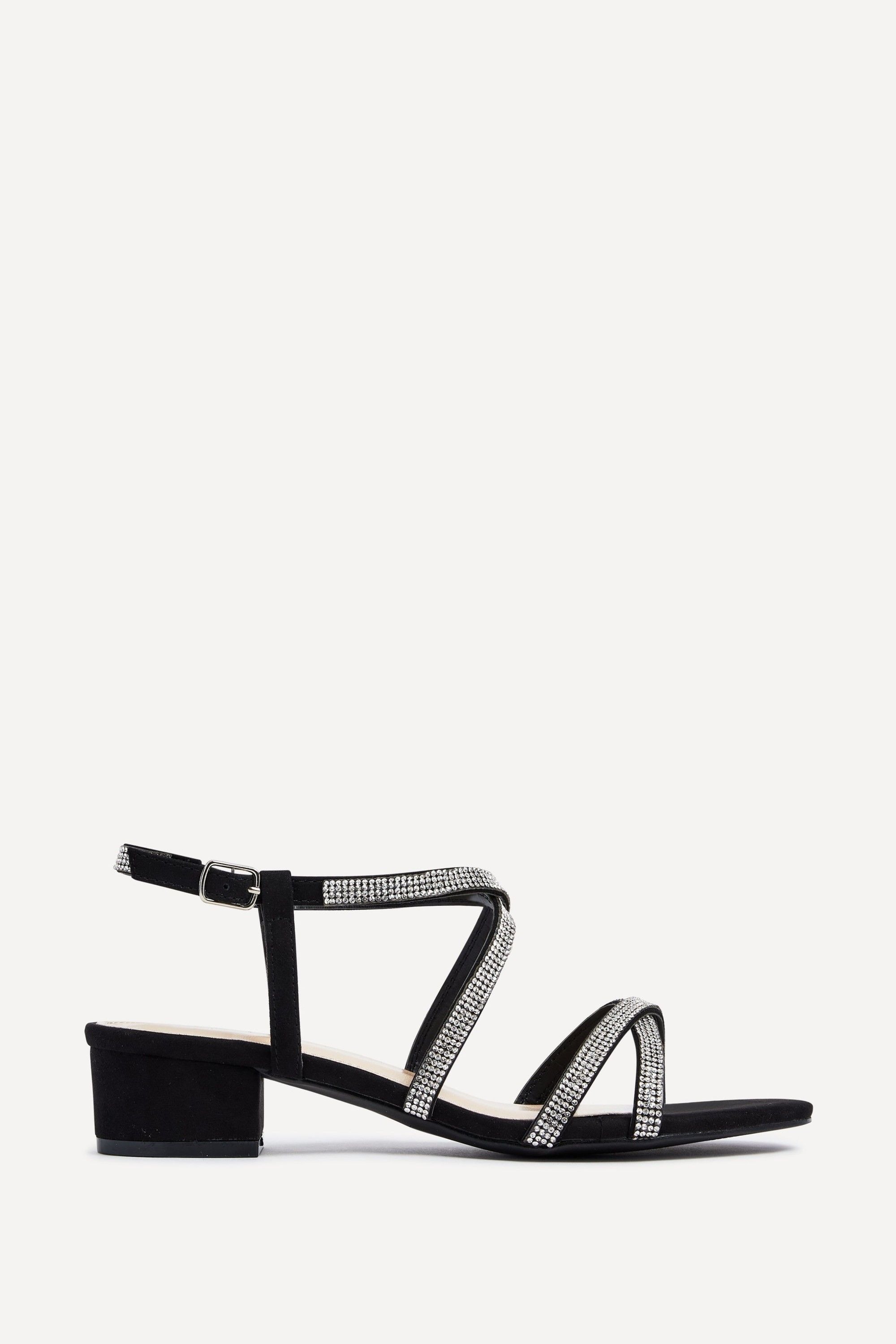 Linzi Glow Black Faux Suede Crossover Diamante Straps Low Block Heeled Sandal image 1