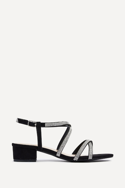 Linzi Glow Black Faux Suede Crossover Diamante Straps Low Block Heeled Sandal