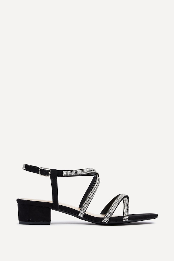 Linzi Glow Black Faux Suede Crossover Diamante Straps Low Block Heeled Sandal