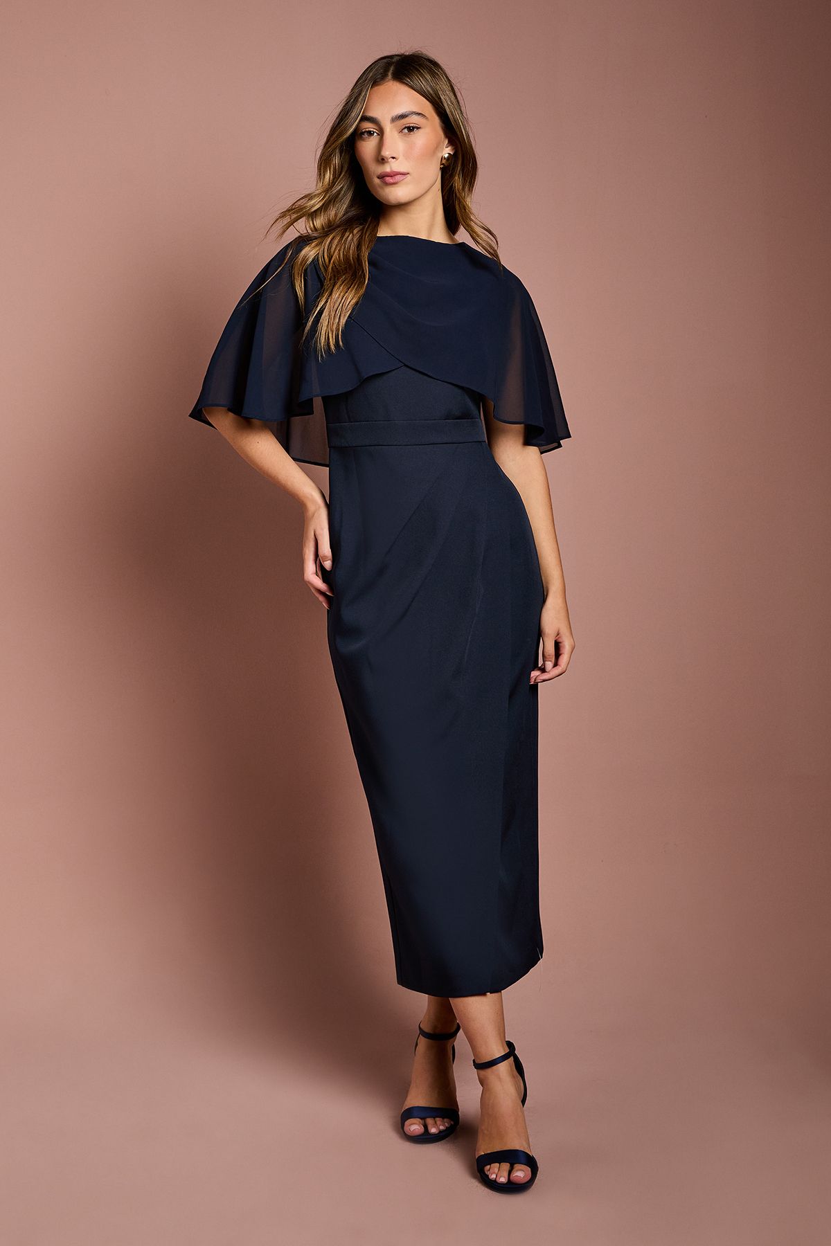 Coast Chiffon Cape Pencil Dress Navy
