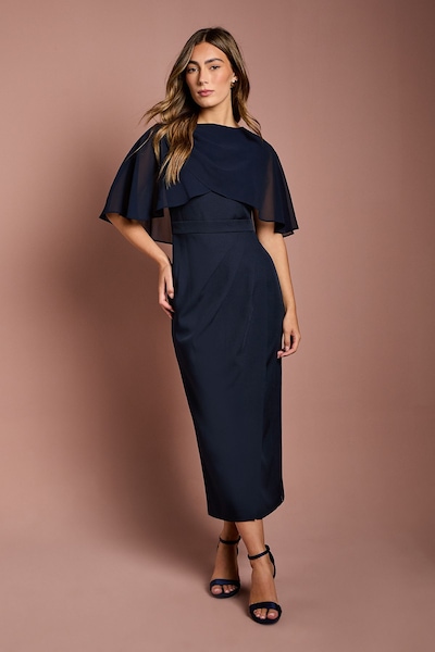 Coast Chiffon Cape Pencil Dress Navy