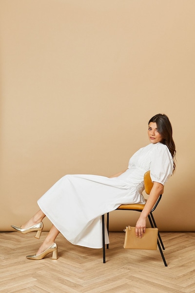 Oasis Val Faux Leather Pointed Block Heel Court Shoes Gold