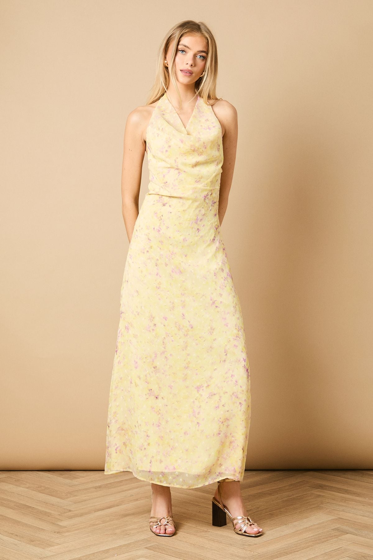 Oasis Printed Mesh Dobby Halterneck Dress Yellow image 1