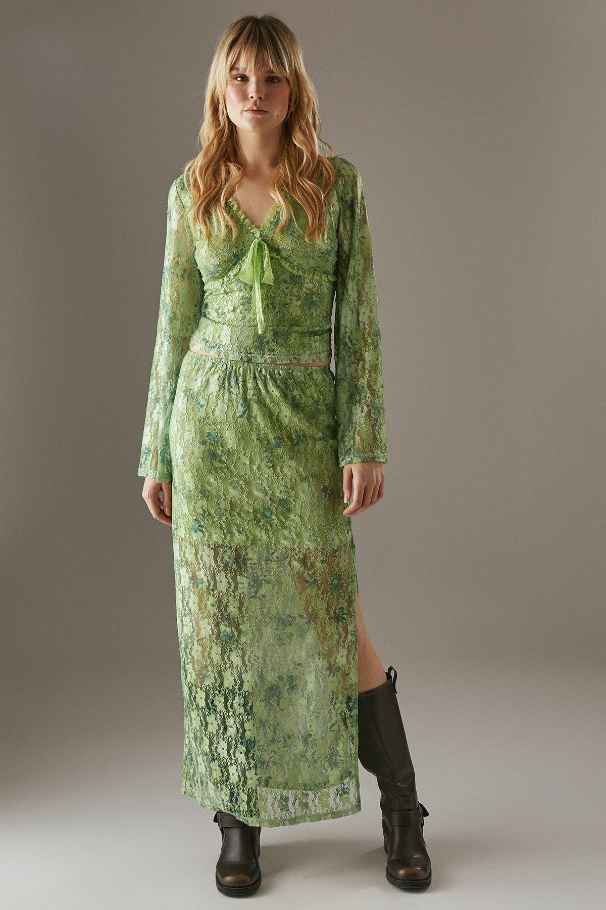 Warehouse Printed Lace Maxi Skirt Green image 2