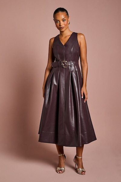 Coast Petite V Neck Sleeveless PU Dress With Belt Oxblood