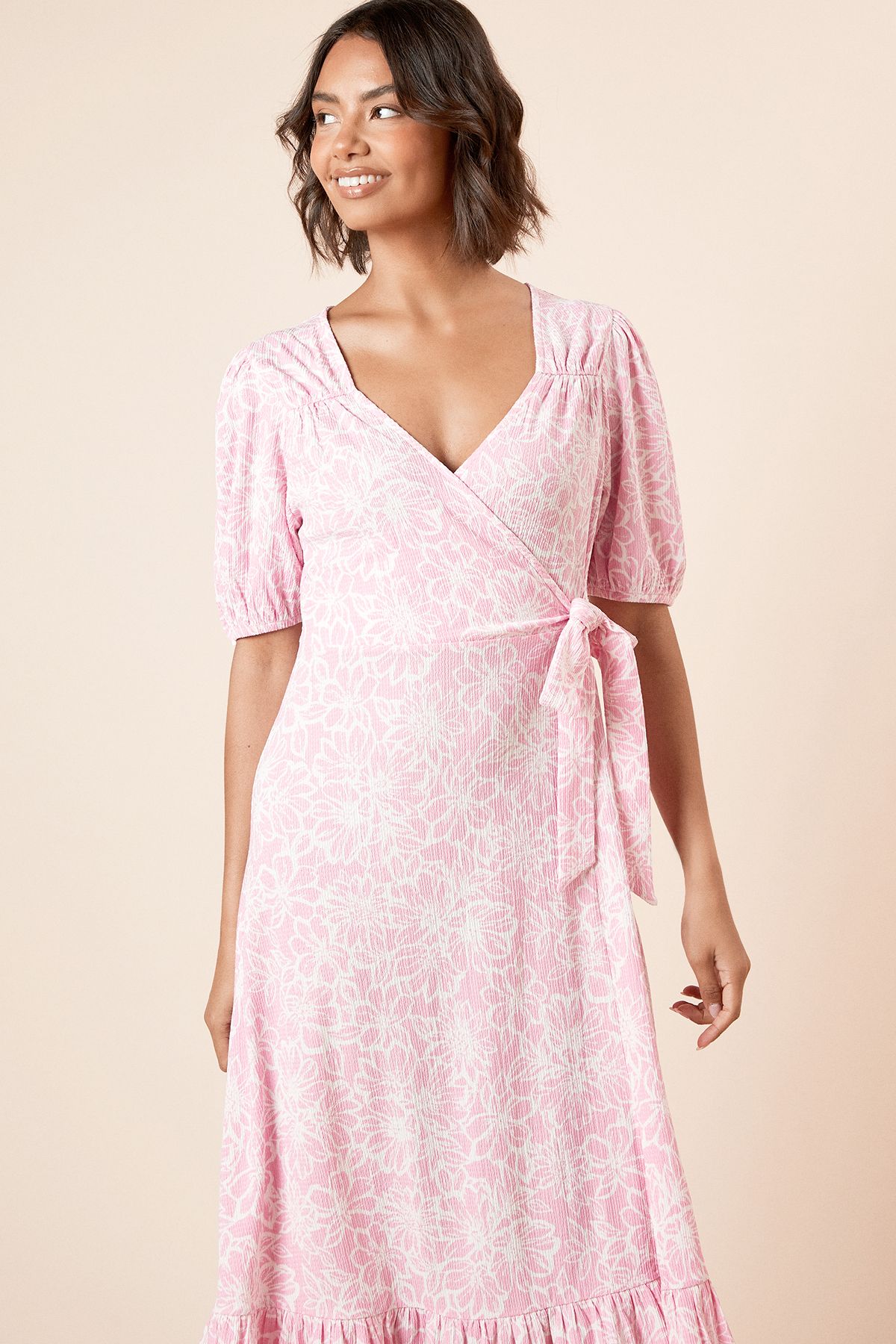 Dorothy Perkins Pink Floral Puff Sleeve Wrap Front Midi Dress Pink image 3