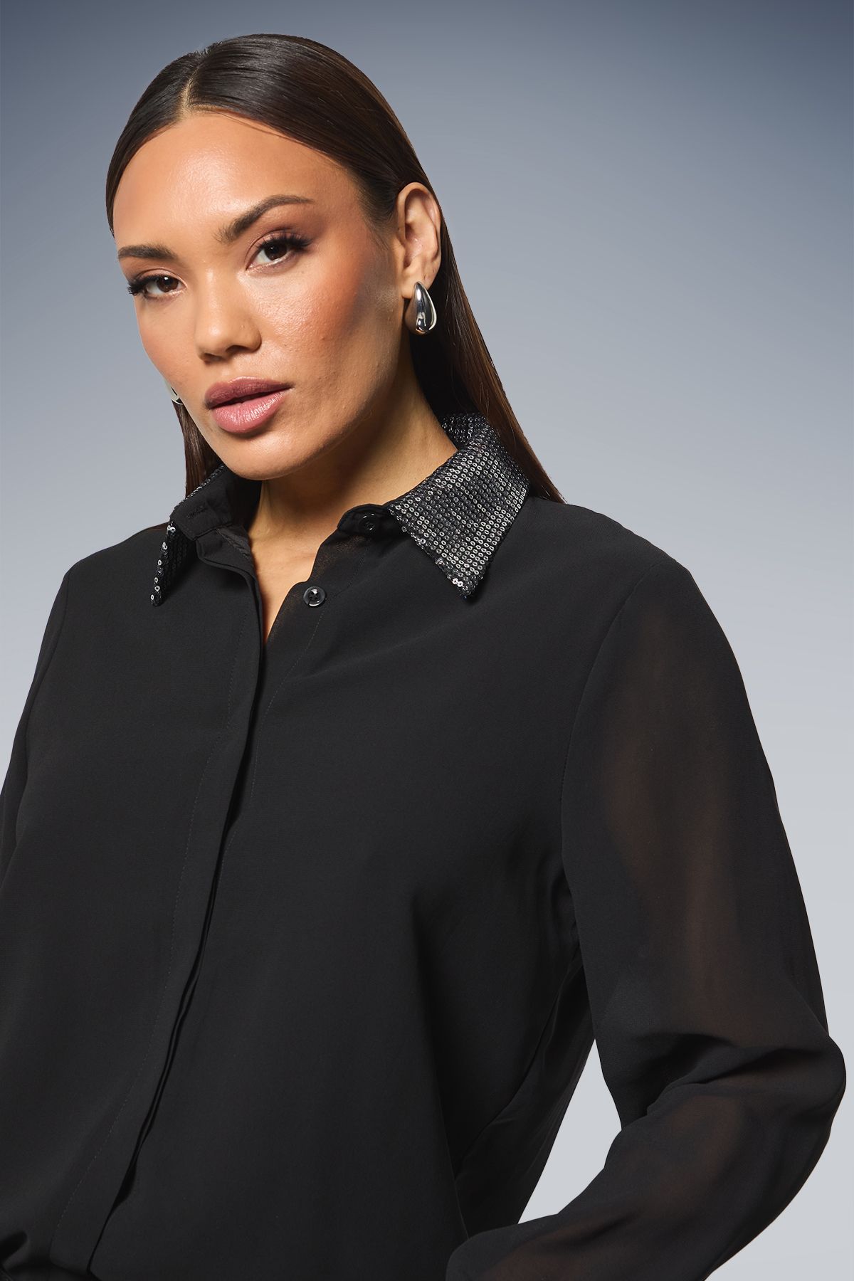 Principles Black Sequin Collared Shirt Silver image 4