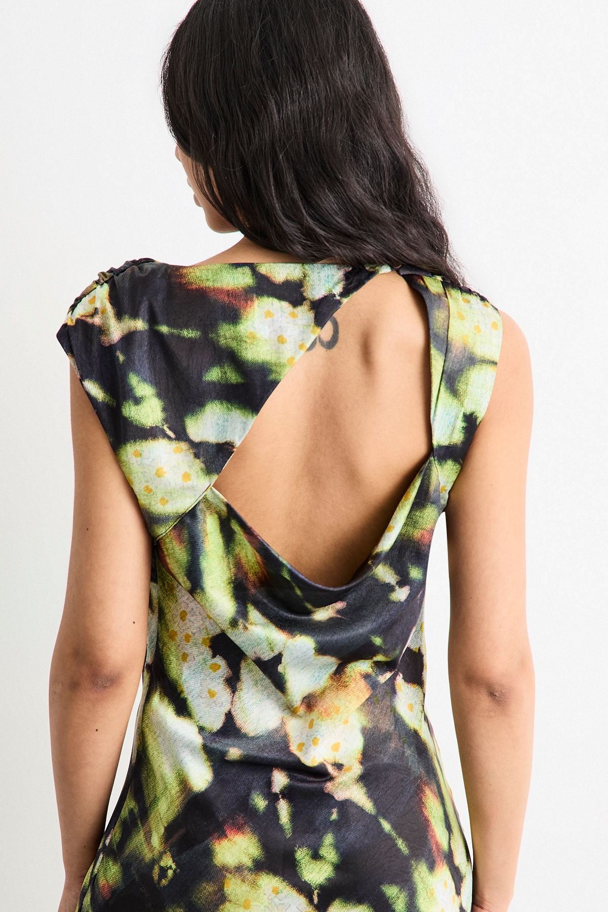 Warehouse Abstract Print Cowl Bias Satin Dress With Button Detail Green image 2