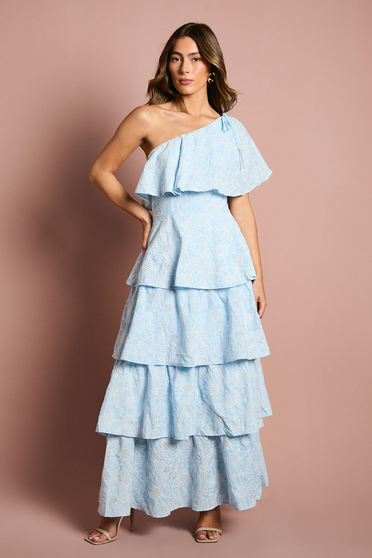 Coast One Shoulder Tiered Broderie Midi Dress Light Blue image 1