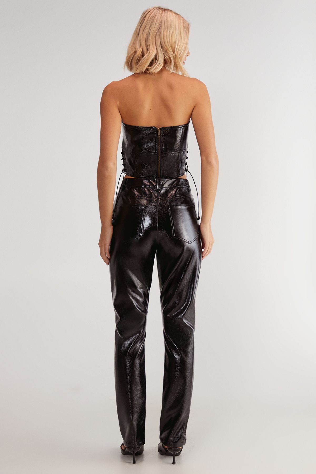 NastyGal Distressed Vinyl Lace Side Corset Bandeau Top Black image 4