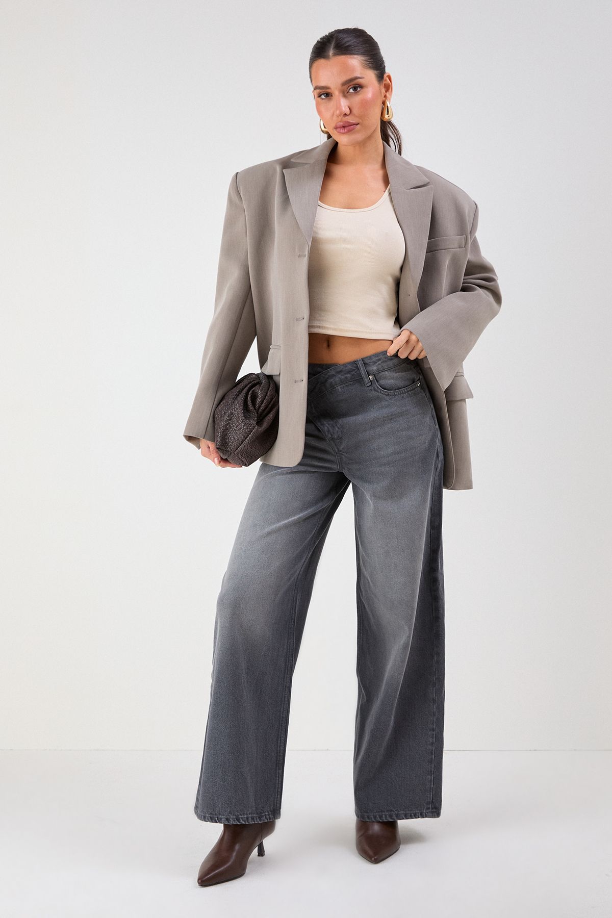 MissPap Asymmetric Waist Denim Wide Leg Jean Light Wash image 1