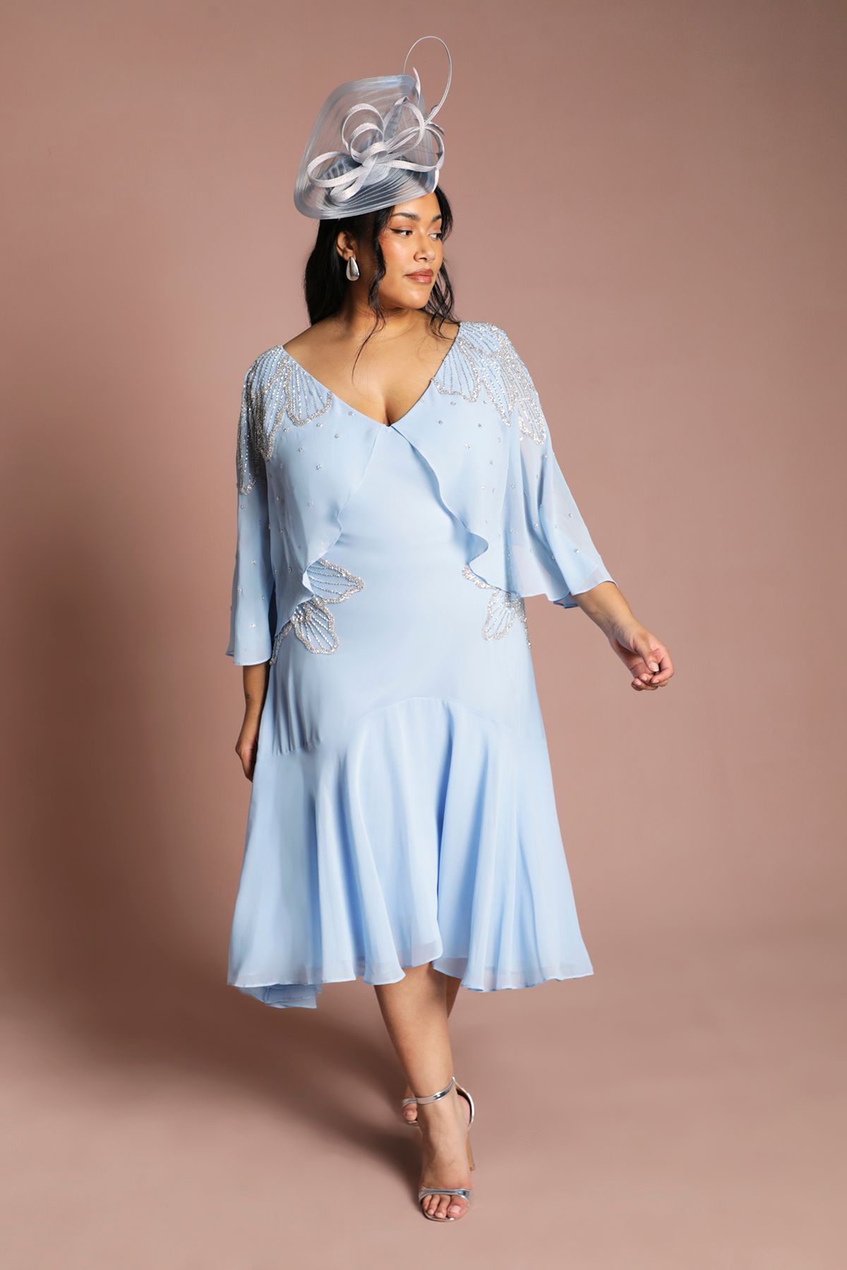 Coast Plus Embellished Midi Dress With Cape Sleeves Powder Blue