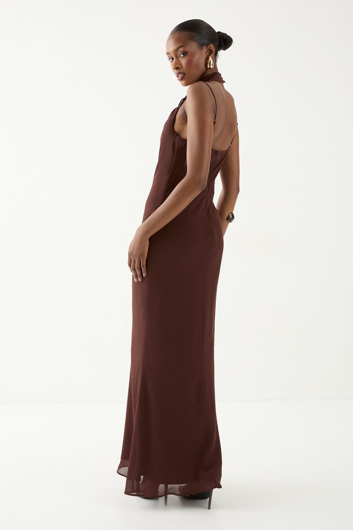 MissPap Halter Neck Chiffon Scarf Maxi Dress Chocolate image 4