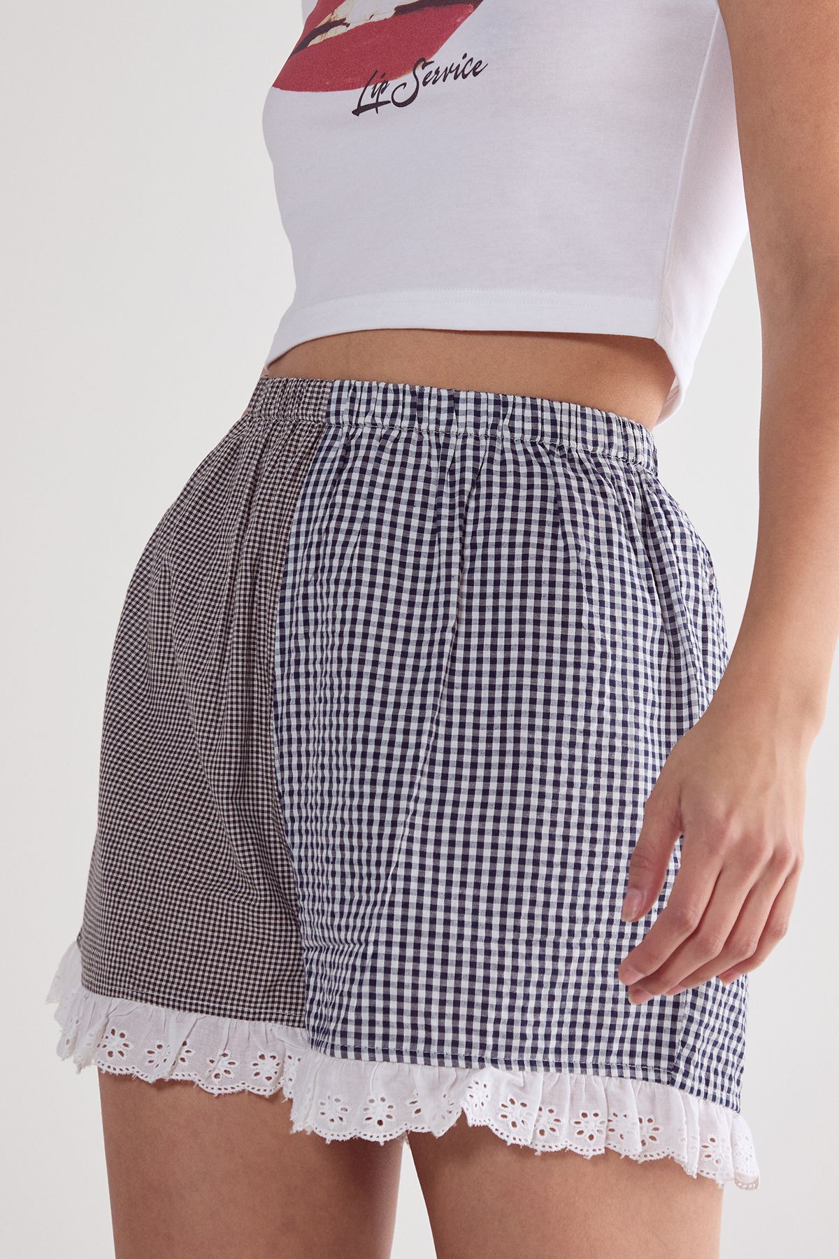 NastyGal Gingham Mix Broderie Ruffle Hem Shorts Mono image 3