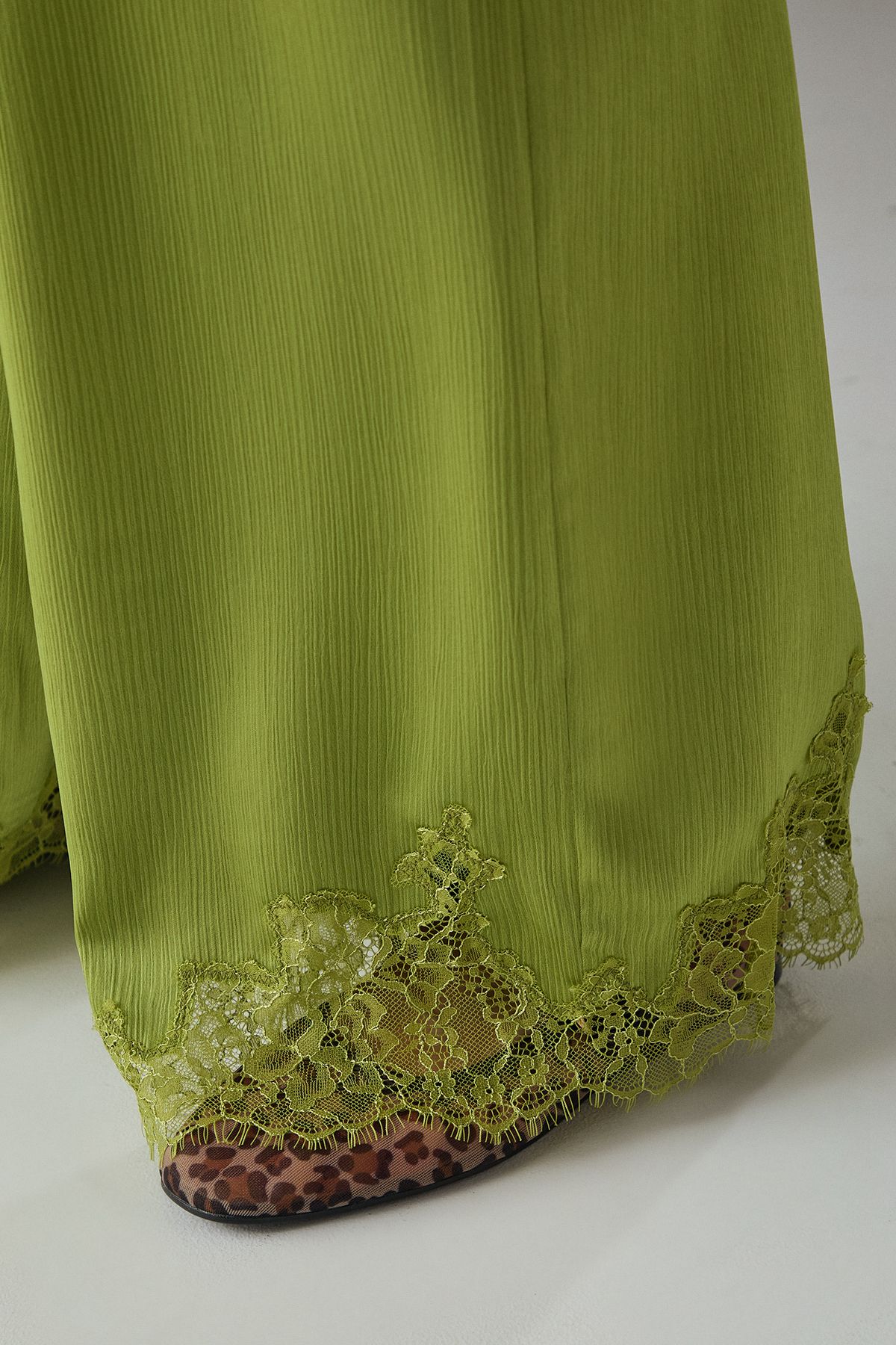 Warehouse Satin Lace Insert High Waisted Wide Leg Trousers Green image 4