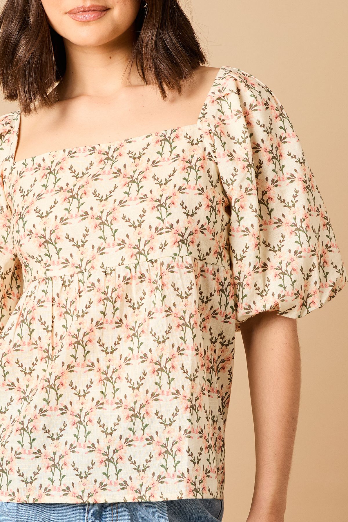 Oasis Printed Puff Sleeve Square Neck Cotton Top Multi image 5