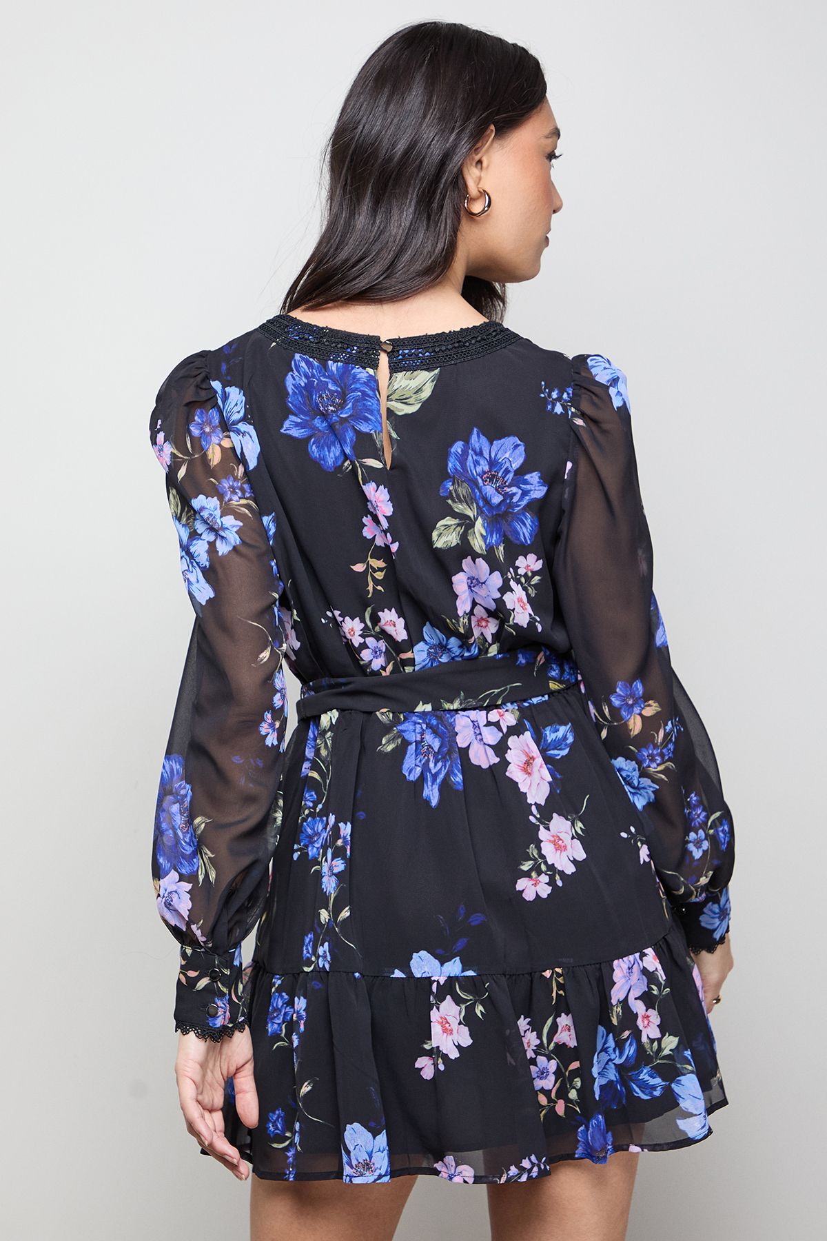 Oasis Printed Floral V Neck Belted Ruffle Mini Dress Floral image 3