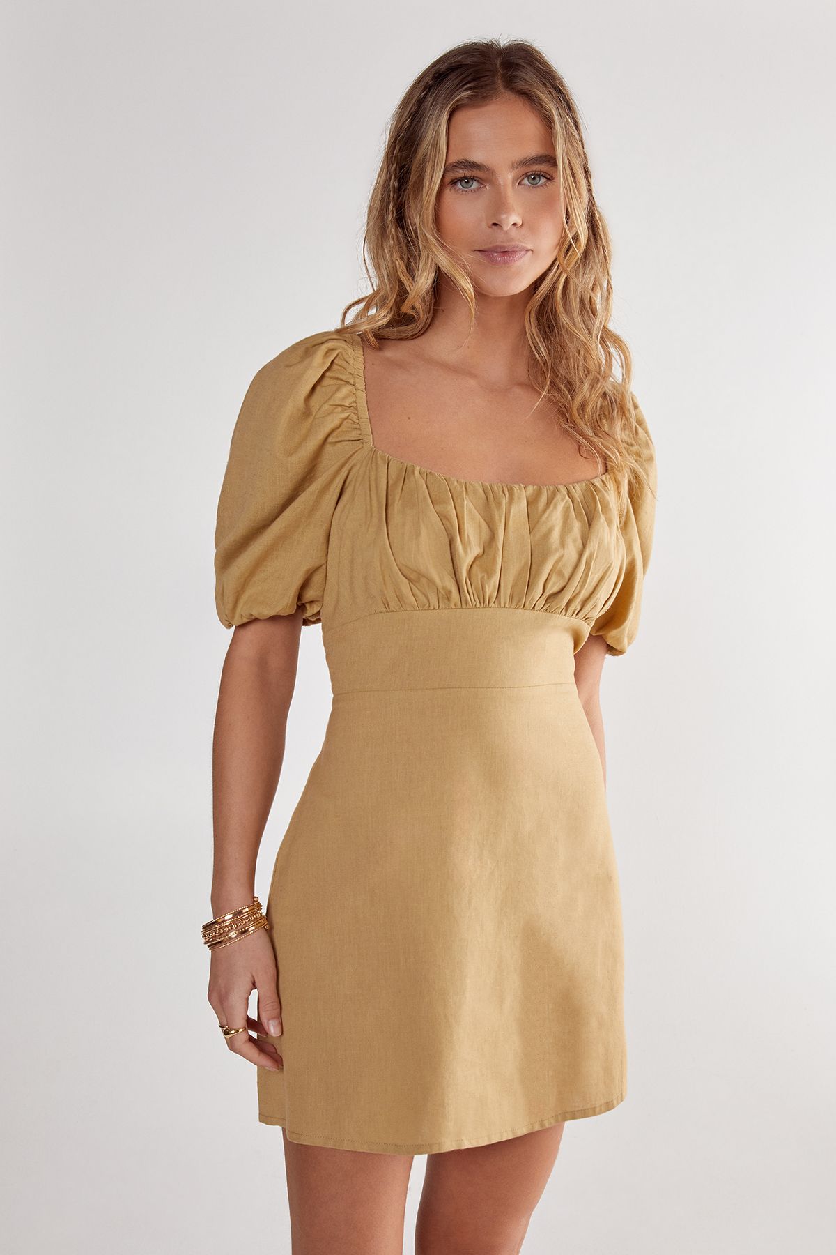 NastyGal Cotton Puff Sleeve Tie Back Mini Dress Khaki image 1