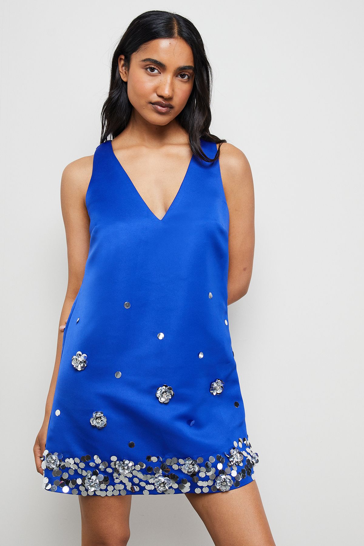 Warehouse Embellished Heavy Satin Plunge Neck Mini Dress Cobalt image 1