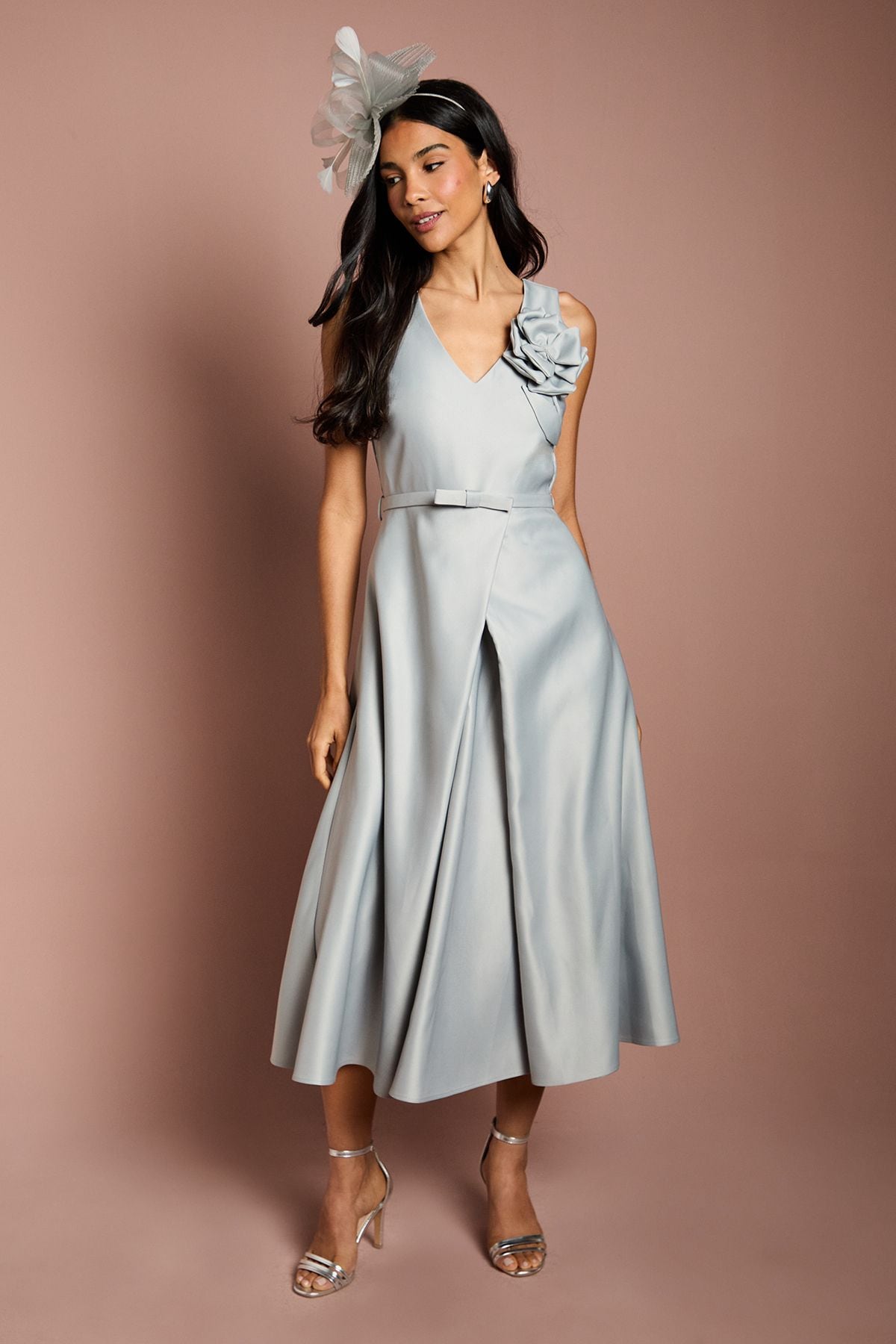 Coast Structured Satin 3D Corsage Midi Dress Silver