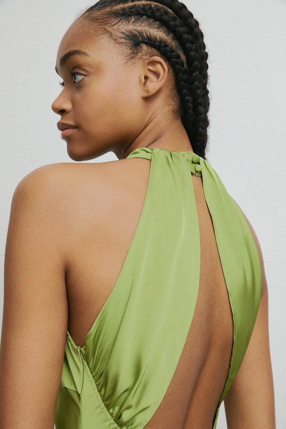 Warehouse Satin Halter Neck Backless Slip Dress Green image 3