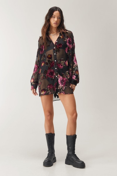 NastyGal Devore Oversized Sheer Floral Shirt Black
