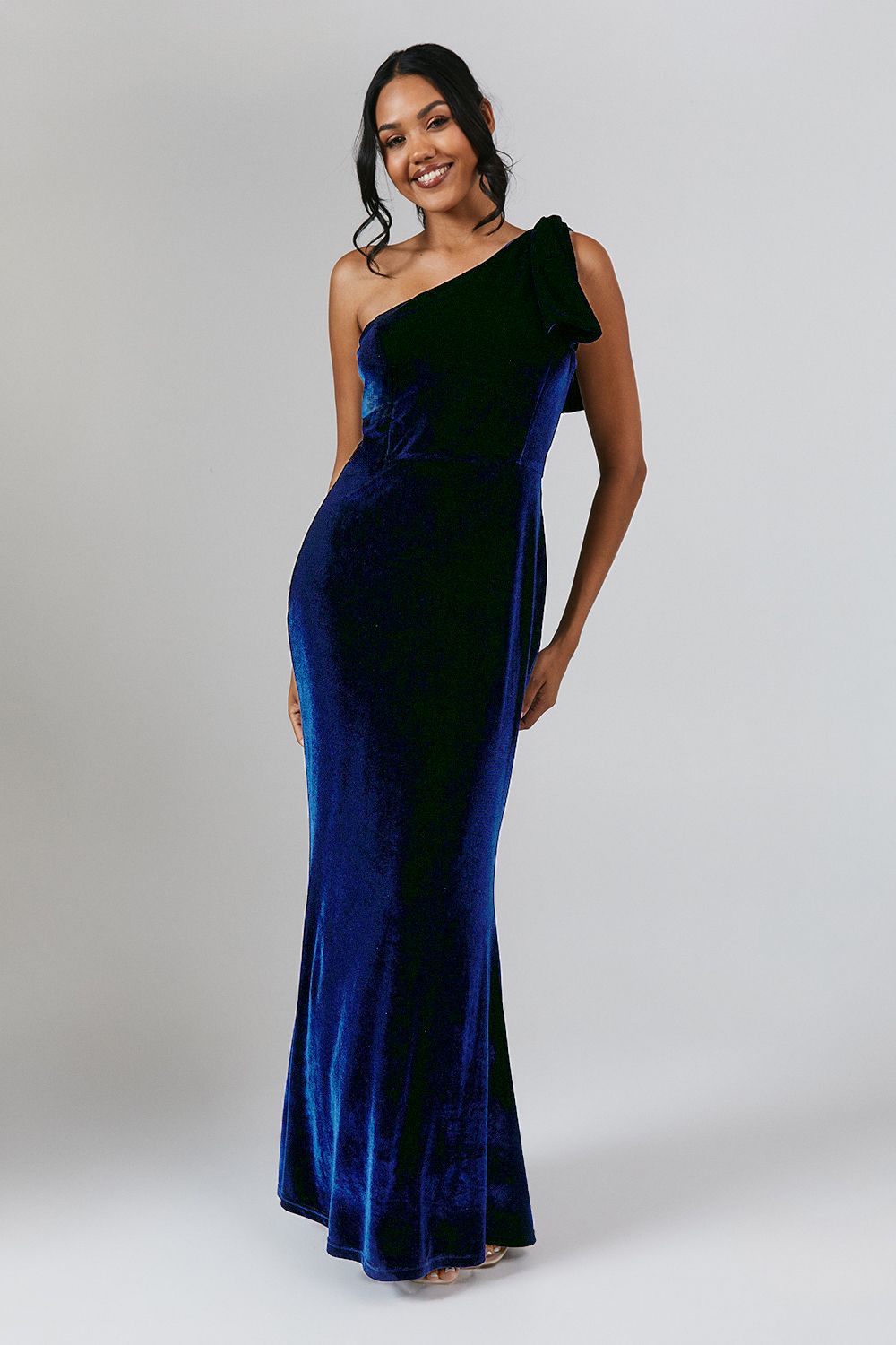Coast Bow One Shoulder Velvet Bridesmaid Maxi Dress Navy image 1