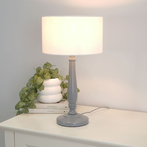 ValueLights Victoria Grey Wood Traditional Table Lamp with Fabric Drum Shade