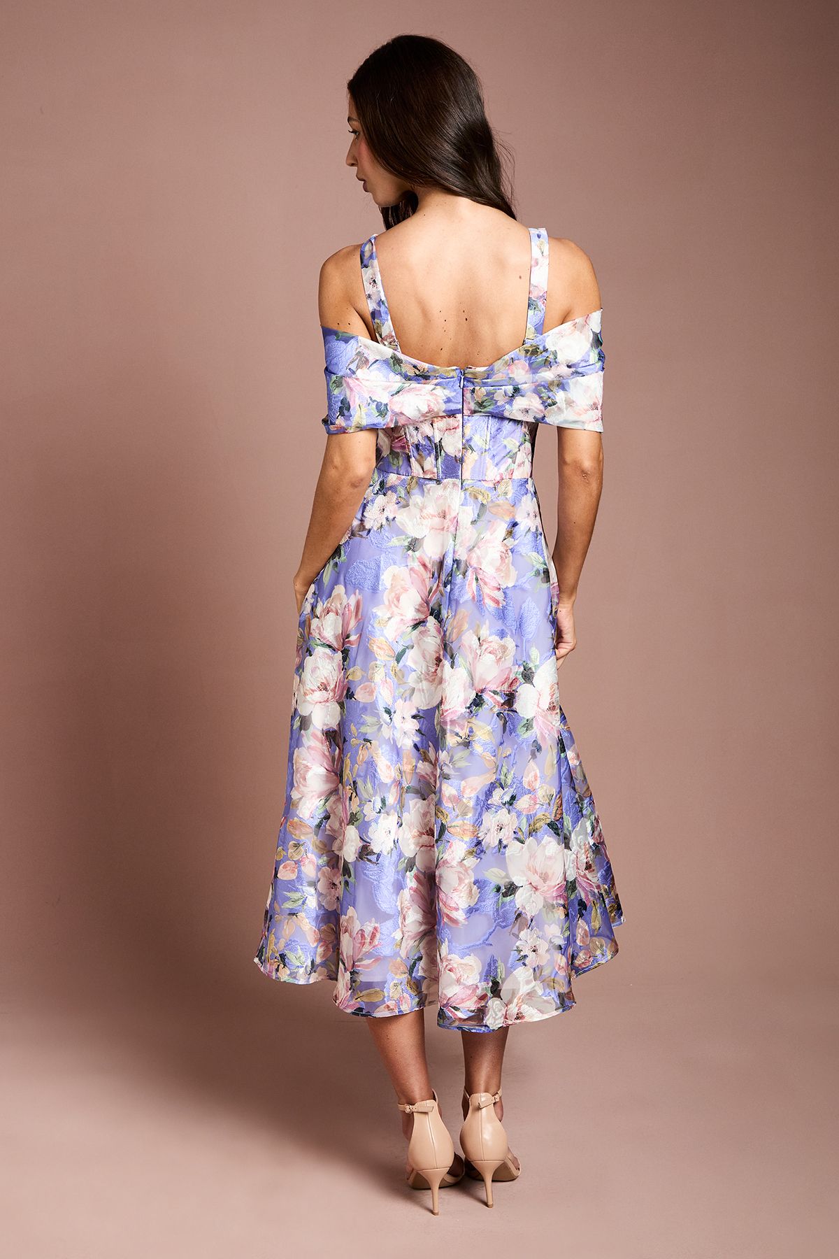 Coast Corseted Bardot Jacquard Midi Dress Purple image 3