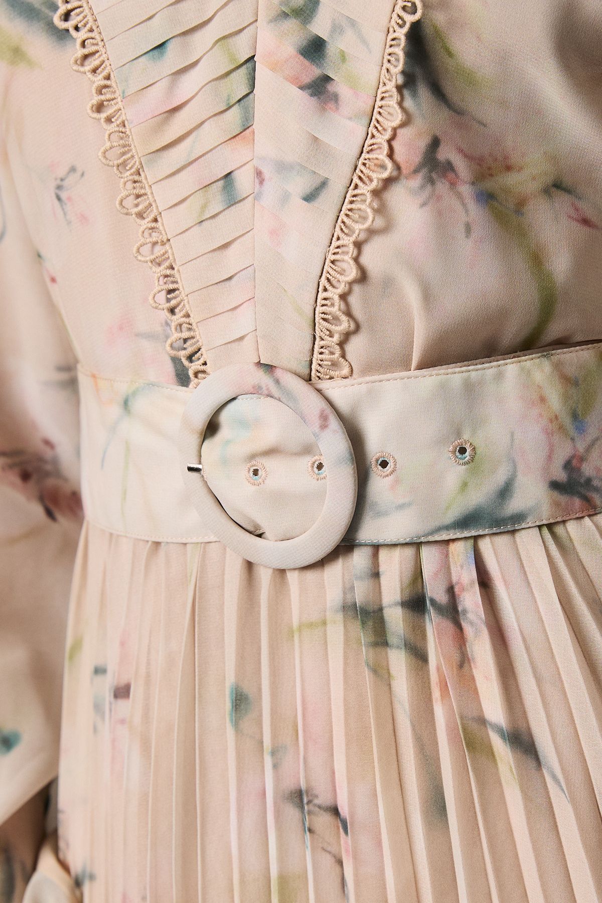 Coast Long Sleeve V Neck Pleated Midi Dress With Belt Nude image 5