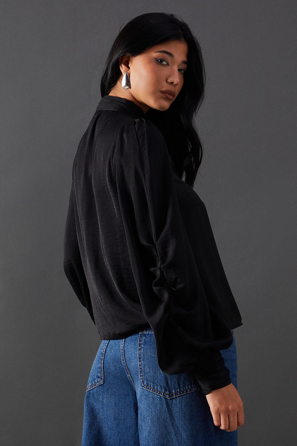 Warehouse Premium Satin High Neck Pleat Detail Blouse Black image 3