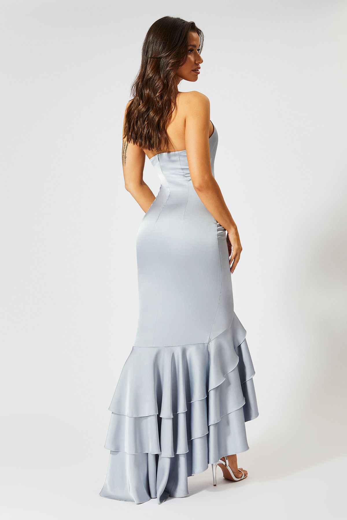 MissPap Satin Frill Hem Hater Neck Maxi Dress Blue image 4