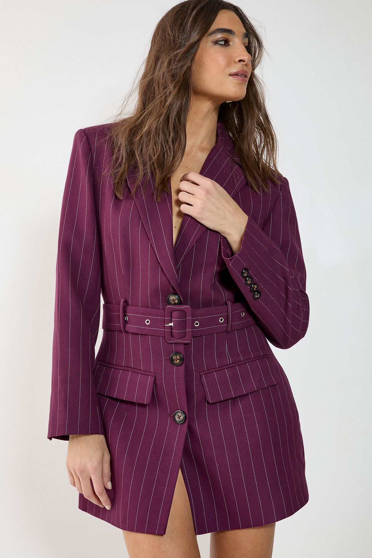 NastyGal Pinstripe Belted Blazer Dress Wine image 1