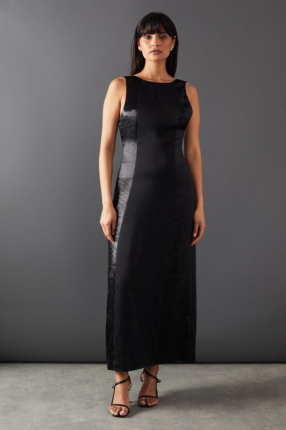 Warehouse Premium Mixed Satin Panel Open Back Midi Slip Dress Black image 1