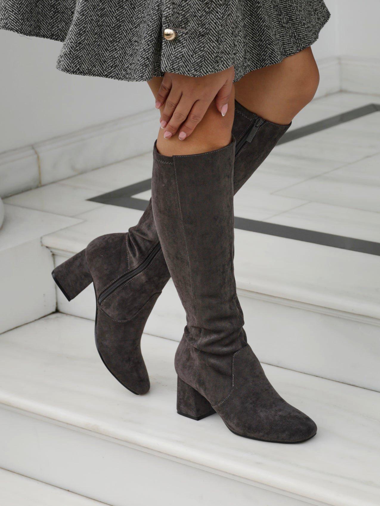 Linzi Frosty Grey Faux Suede Block Heeled Knee High Boot image 6