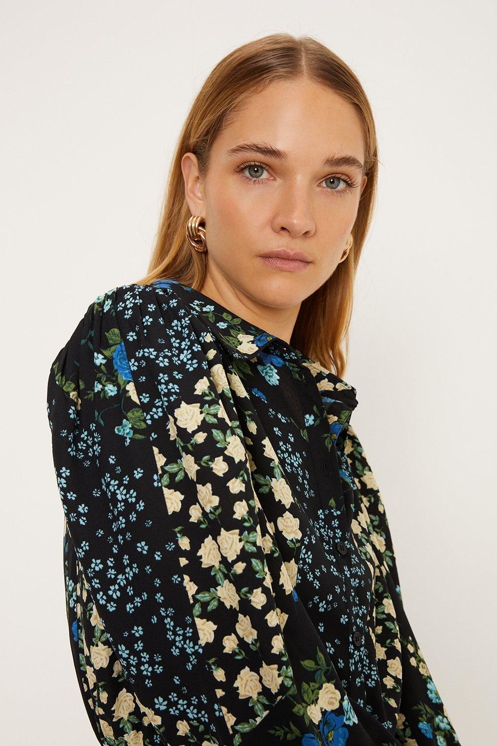 Oasis Blue Floral Tie Midi Shirt Dress Black image 2