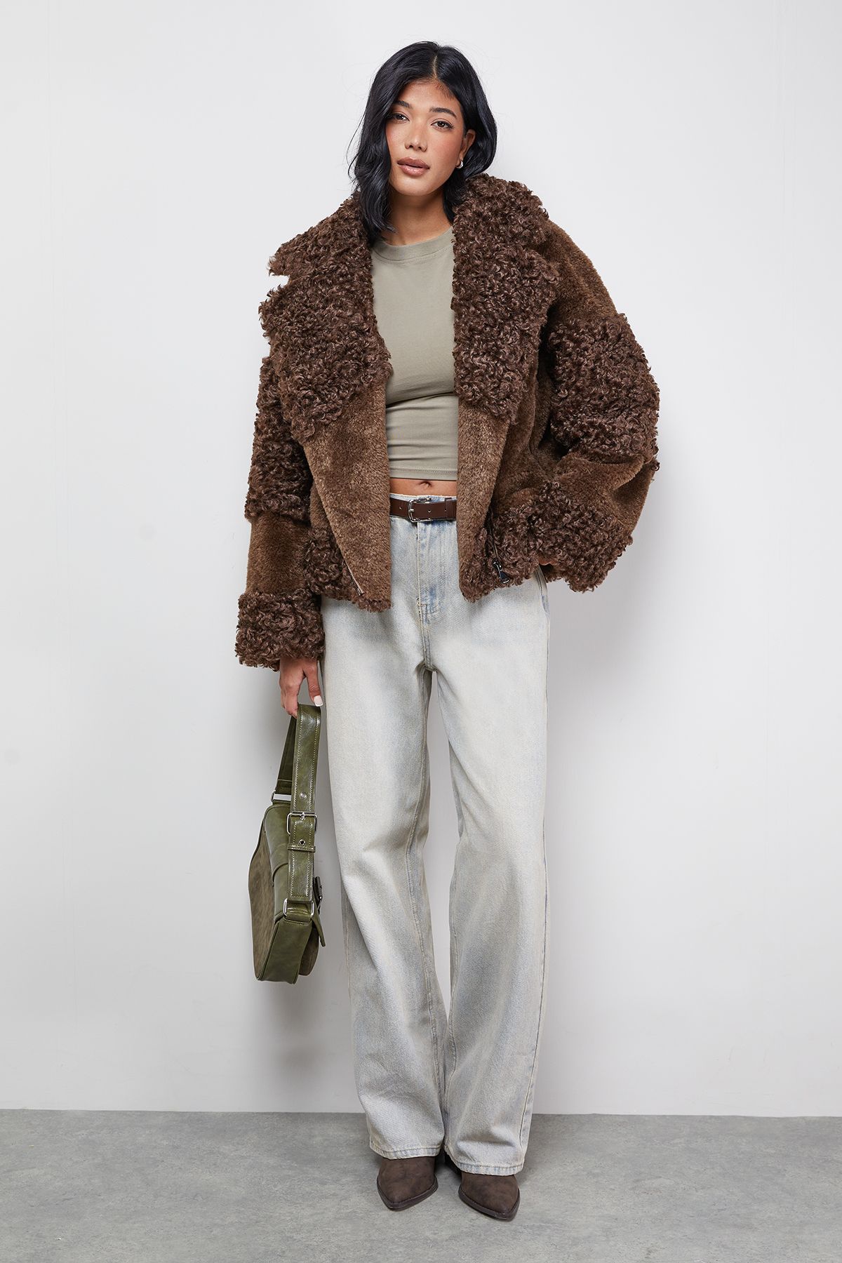 Warehouse Fur Mix Zip Through Jacket Chocolate image 2