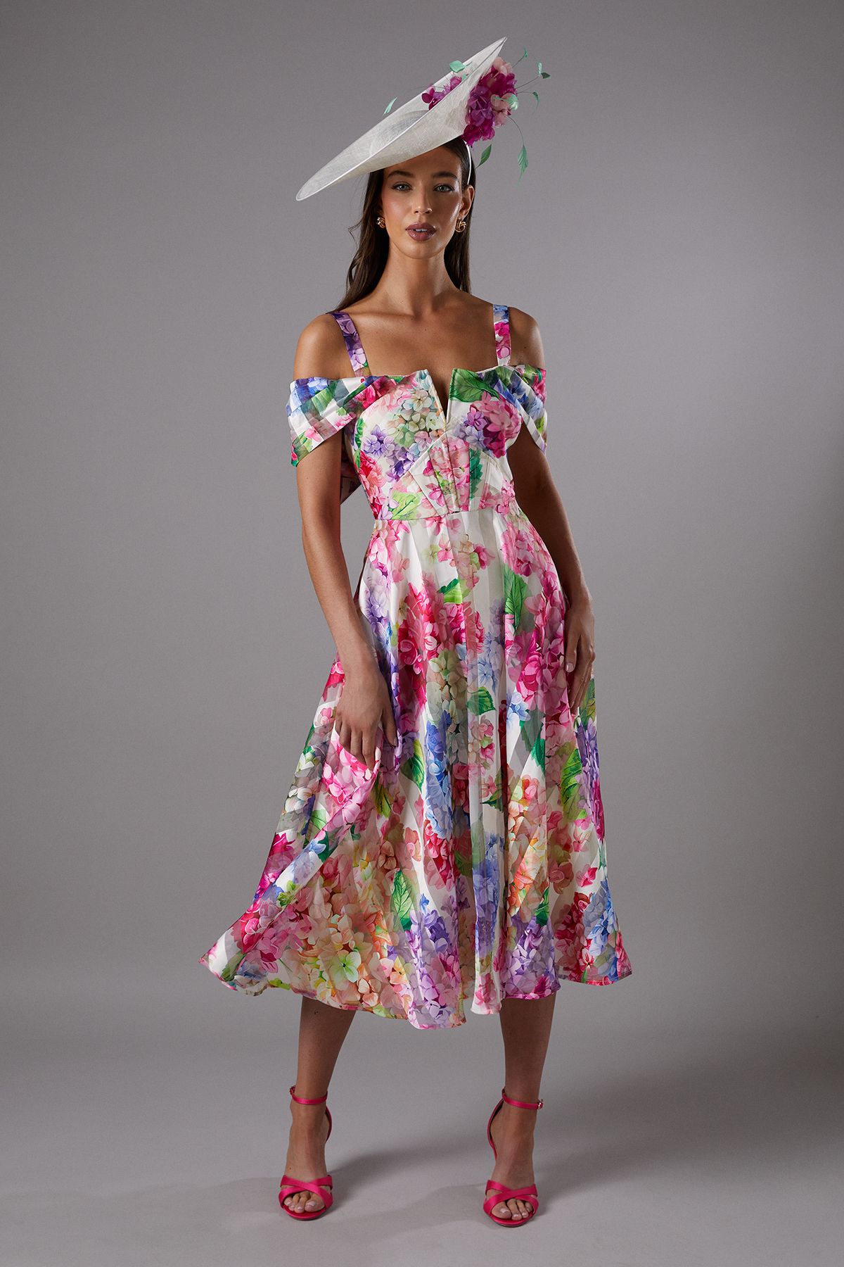 Coast Lisa Tan Printed Organza Bardot Midi Dress Multi