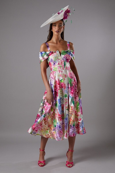 Coast Lisa Tan Printed Organza Bardot Midi Dress Multi