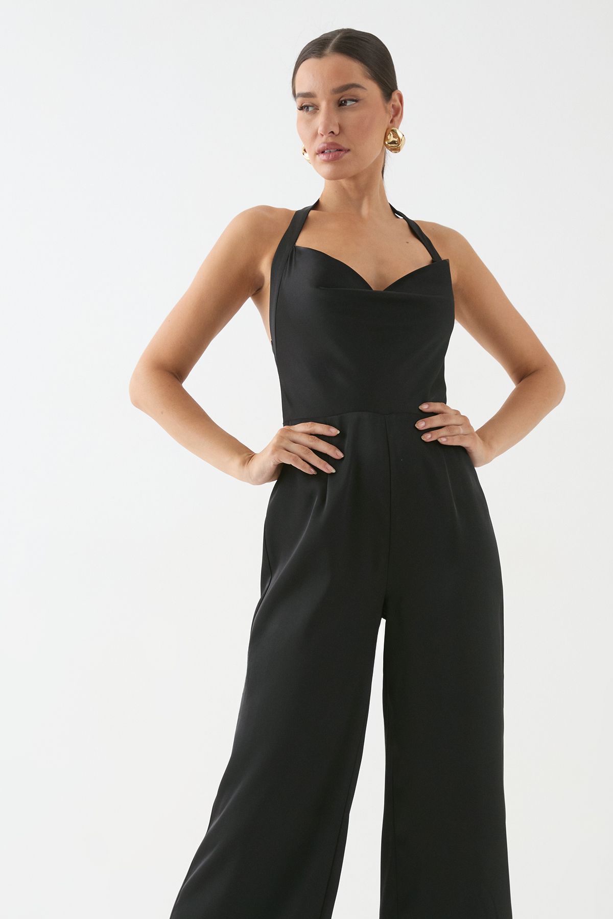 MissPap Satin Cowl Halter Neck Jumpsuit Black image 4